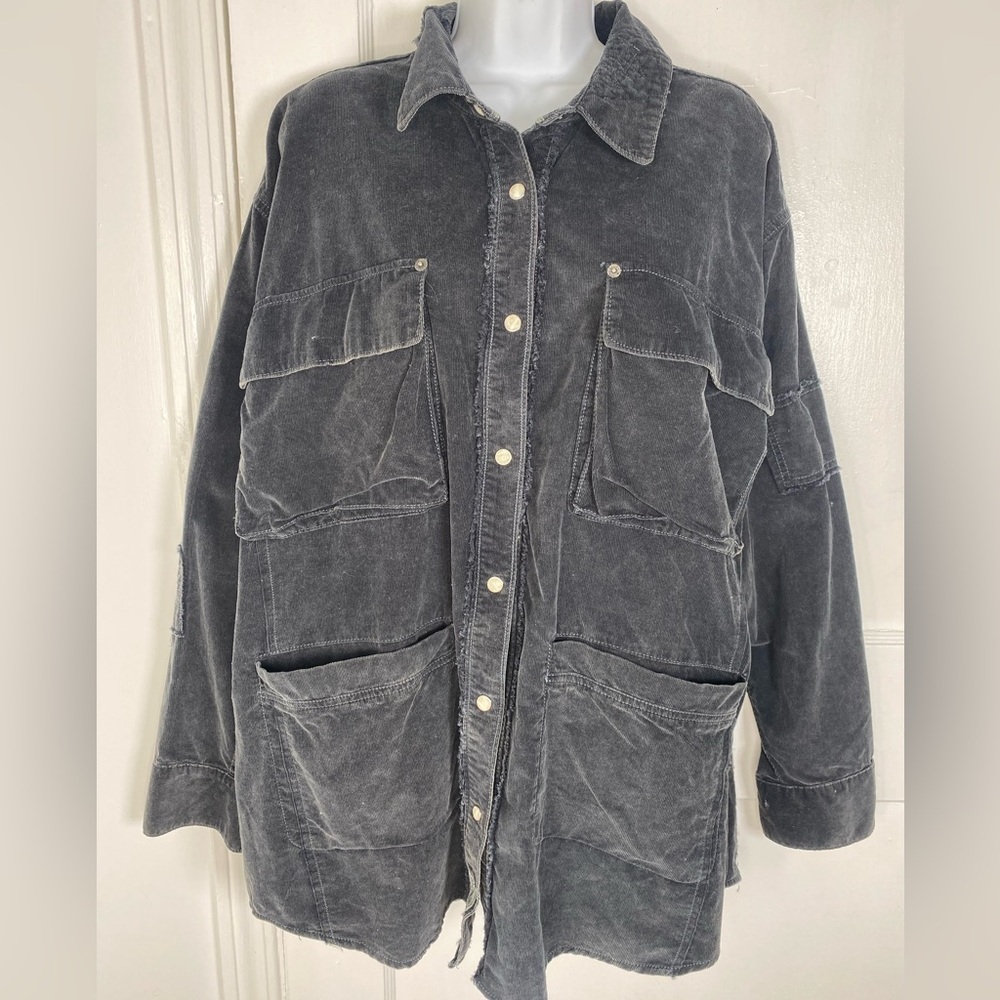 Free People Mary Jean Women's Black Corduroy Jacket Style Top w Pearl Snaps
